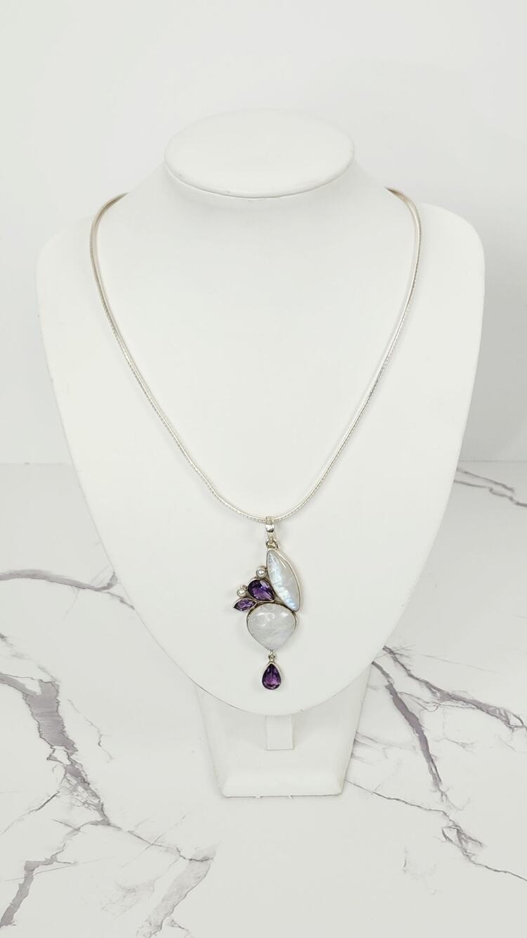 Vintage Milor 925 Sterling Silver Italy Omega Chain Artisan Gemstone Pendant 20"